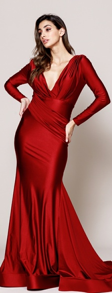 V neckline long sleeve stretch fabric long dress - Picture 4 of 8
